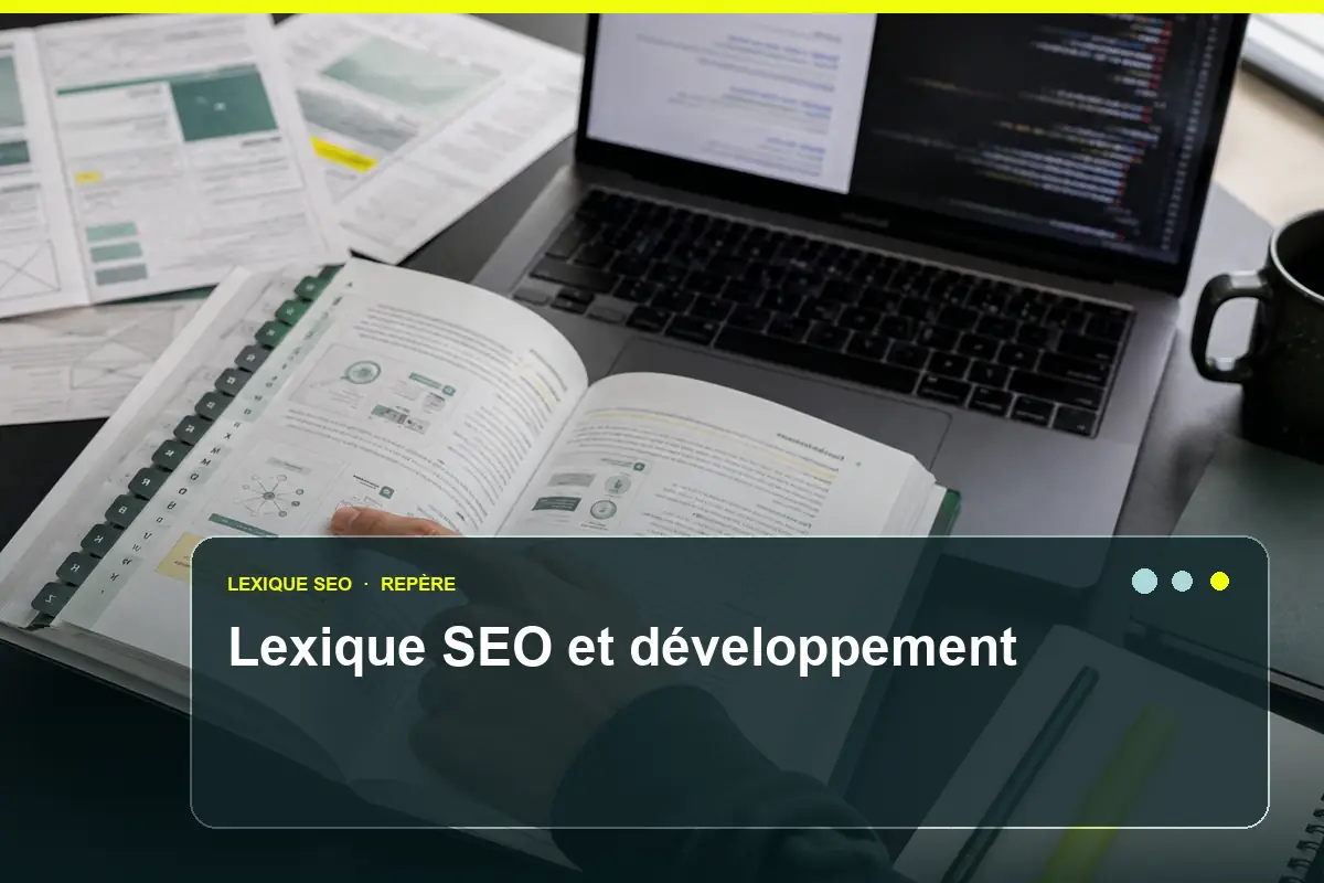Photographie éditoriale présentant lexique seo & développement