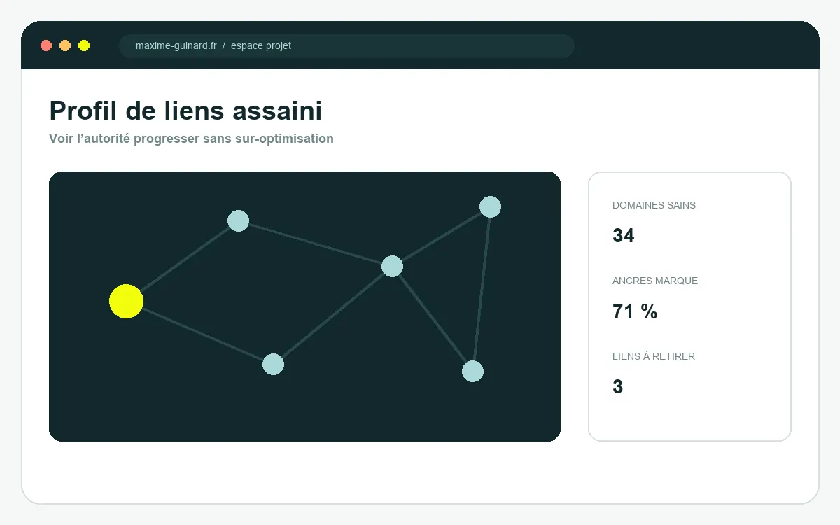 Capture d’un graphe de domaines référents avec indicateurs de qualité du profil de liens.
