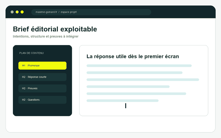 Animation d’un curseur progressant dans un brief de rédaction web SEO.