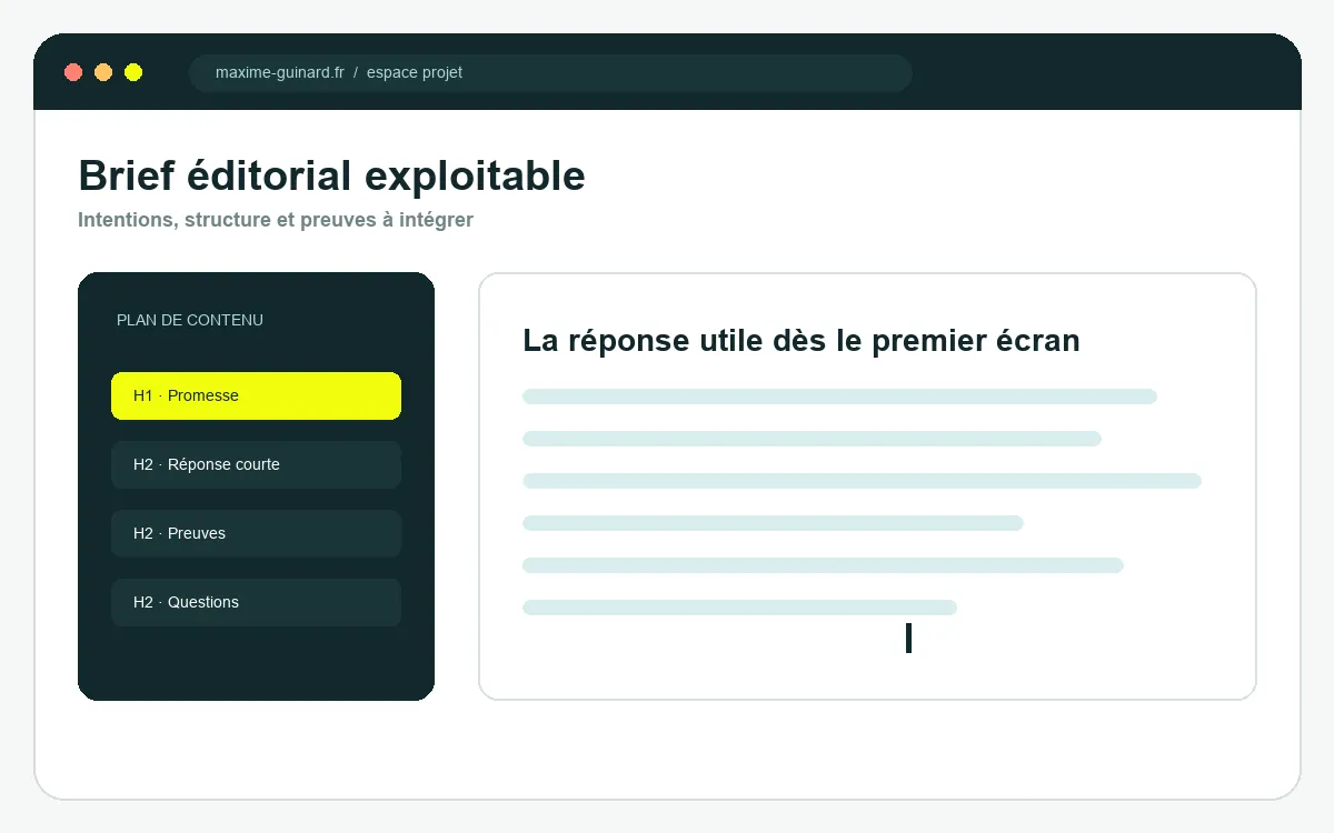 Capture d’un brief éditorial SEO avec plan de contenu et zone de rédaction.